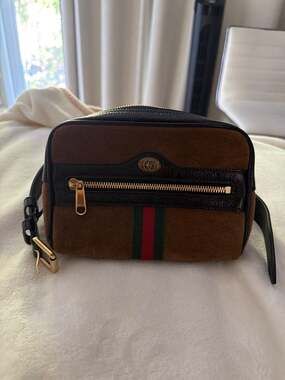 Gucci Ophidia Small Belt Bag Brown Suede Patent Leather with Web Stripe